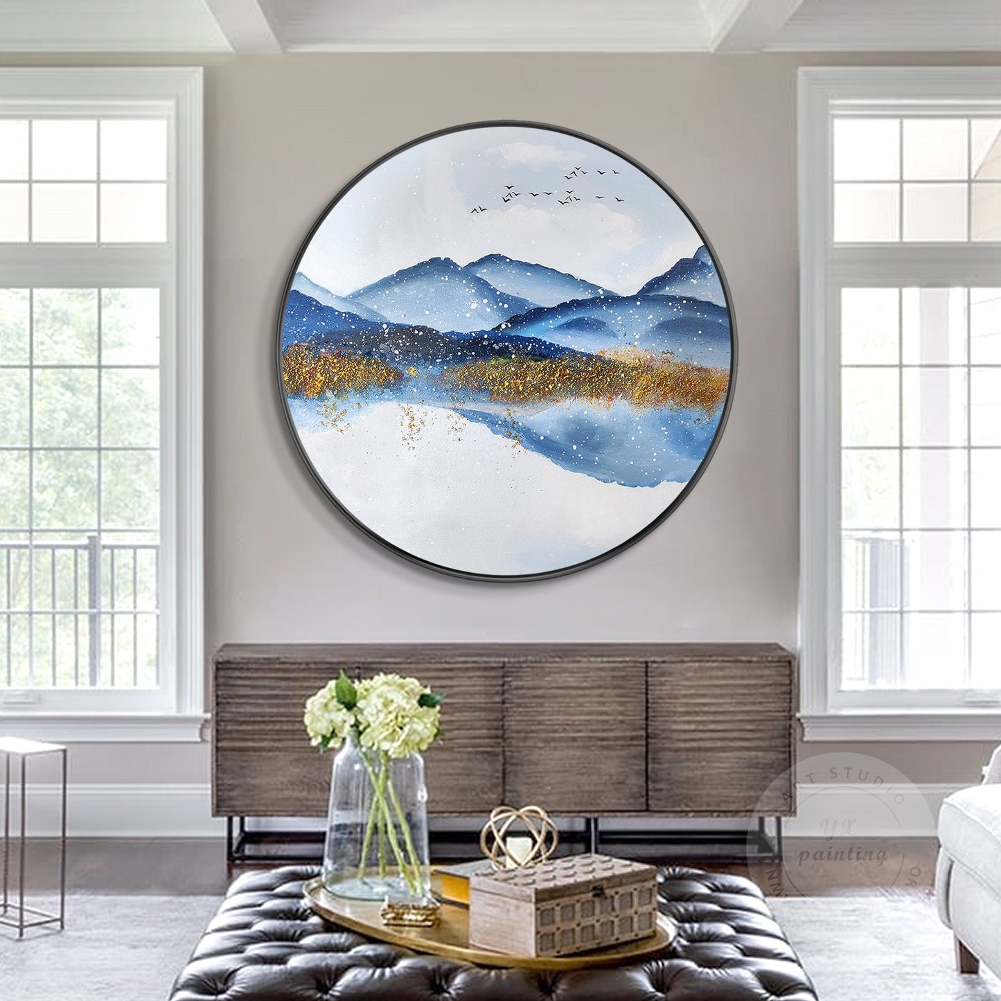 Gold Blue Mountain Round Framed Wall Art, Winter White Snow Mountain Landscape P #6