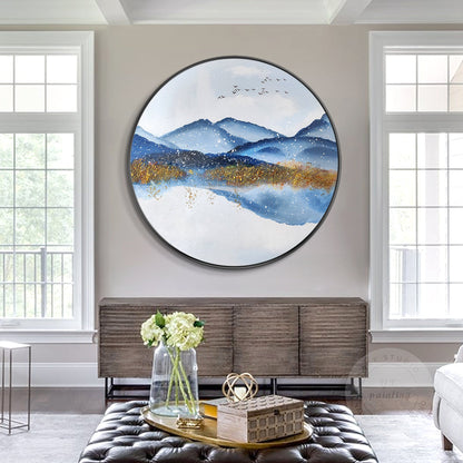 Gold Blue Mountain Round Framed Wall Art, Winter White Snow Mountain Landscape P #6
