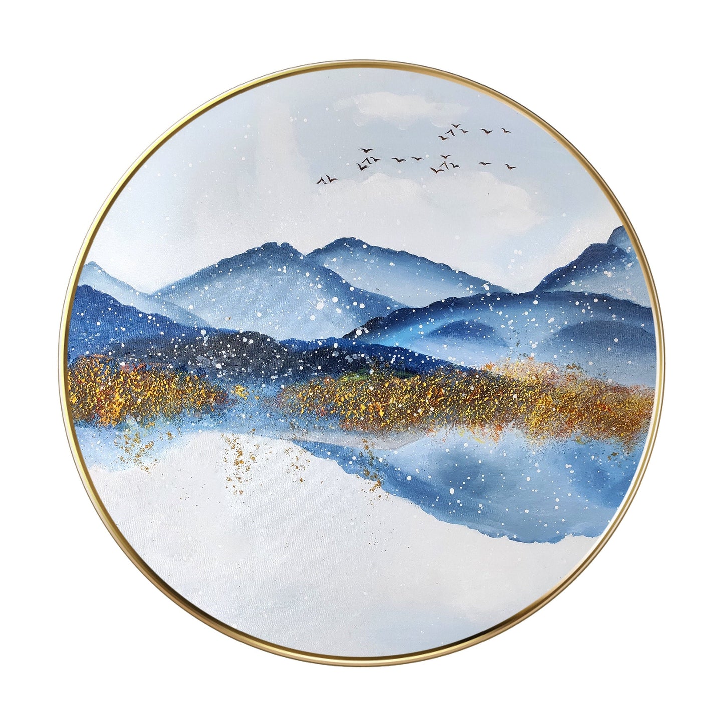 Gold Blue Mountain Round Framed Wall Art, Winter White Snow Mountain Landscape P #8