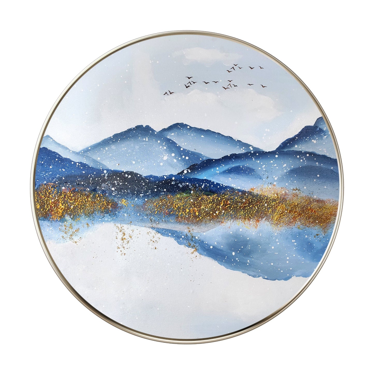 Gold Blue Mountain Round Framed Wall Art, Winter White Snow Mountain Landscape P #9