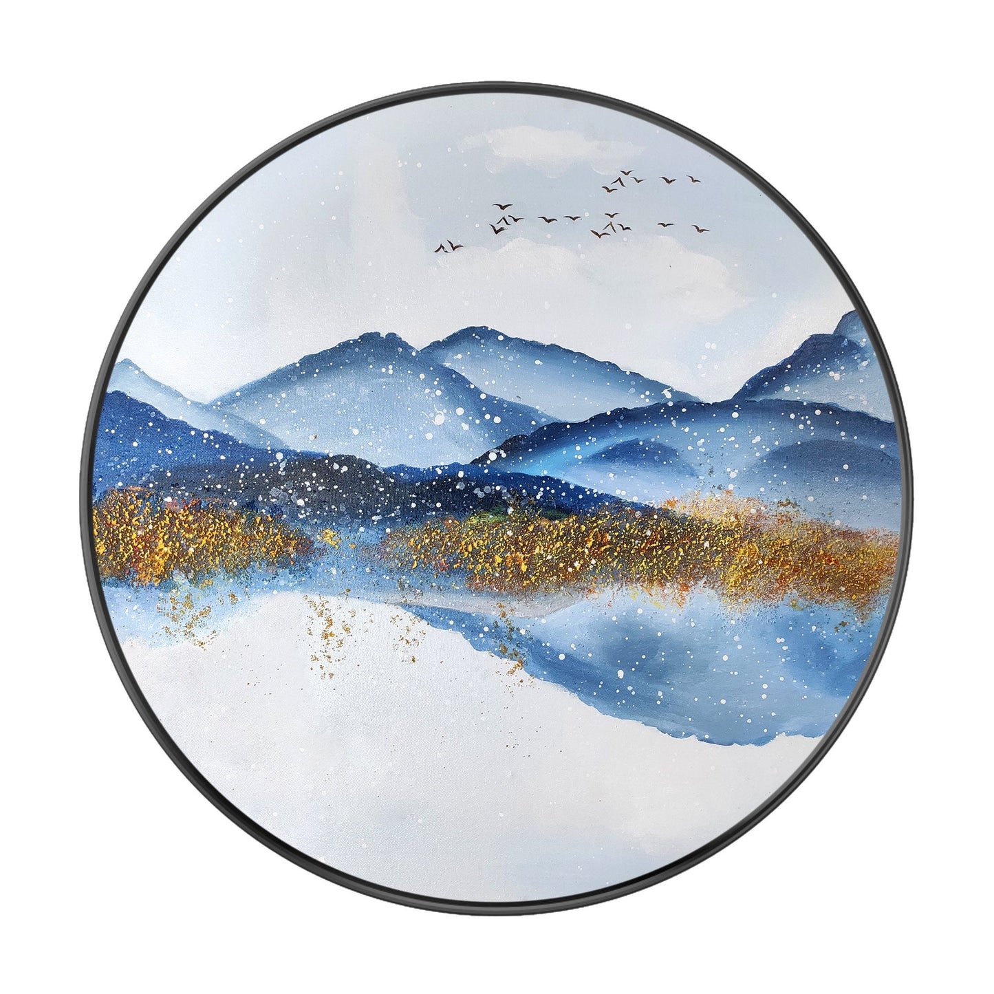 Gold Blue Mountain Round Framed Wall Art, Winter White Snow Mountain Landscape P #10