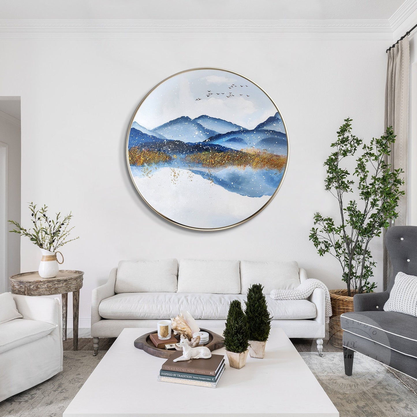 Gold Blue Mountain Round Framed Wall Art, Winter White Snow Mountain Landscape P #1