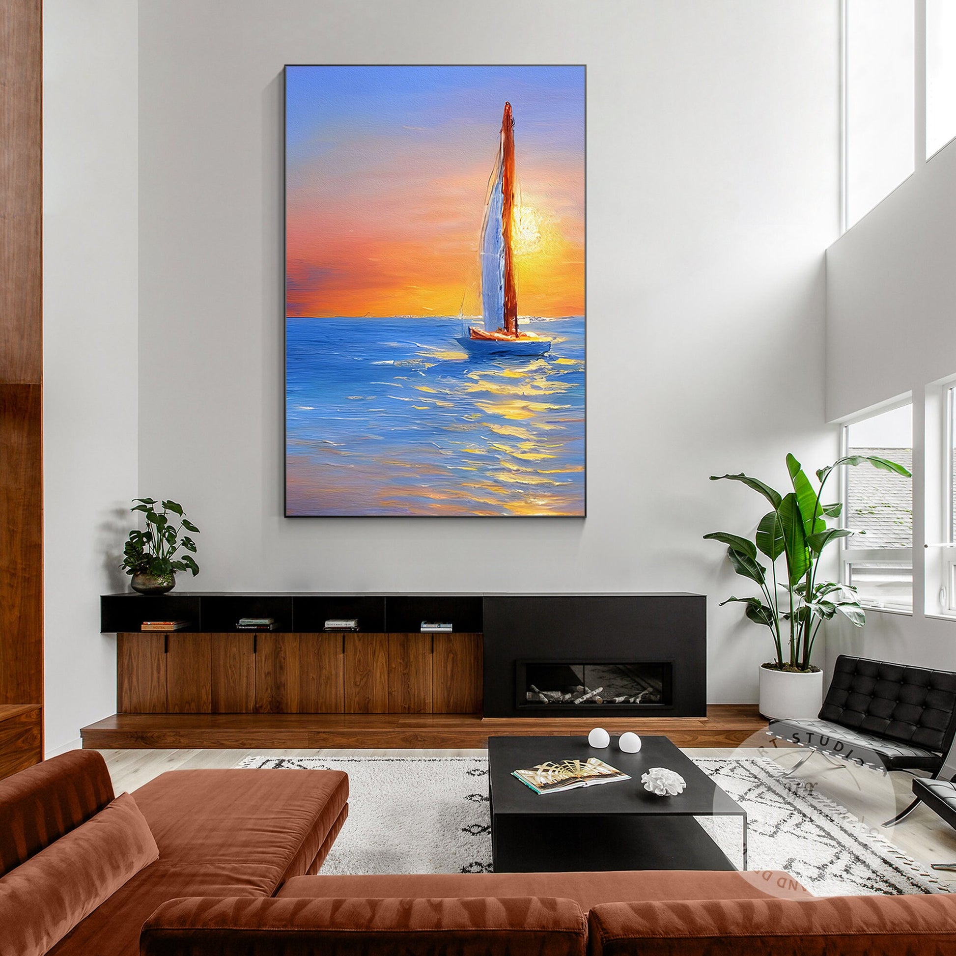 Gold Blue Sailboat Original Painting on Canvas, Seascape Painting, Vertical Extr #2