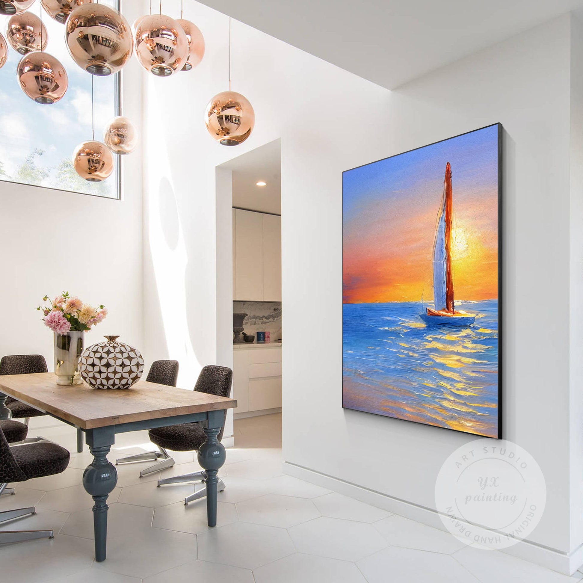 Gold Blue Sailboat Original Painting on Canvas, Seascape Painting, Vertical Extr #3