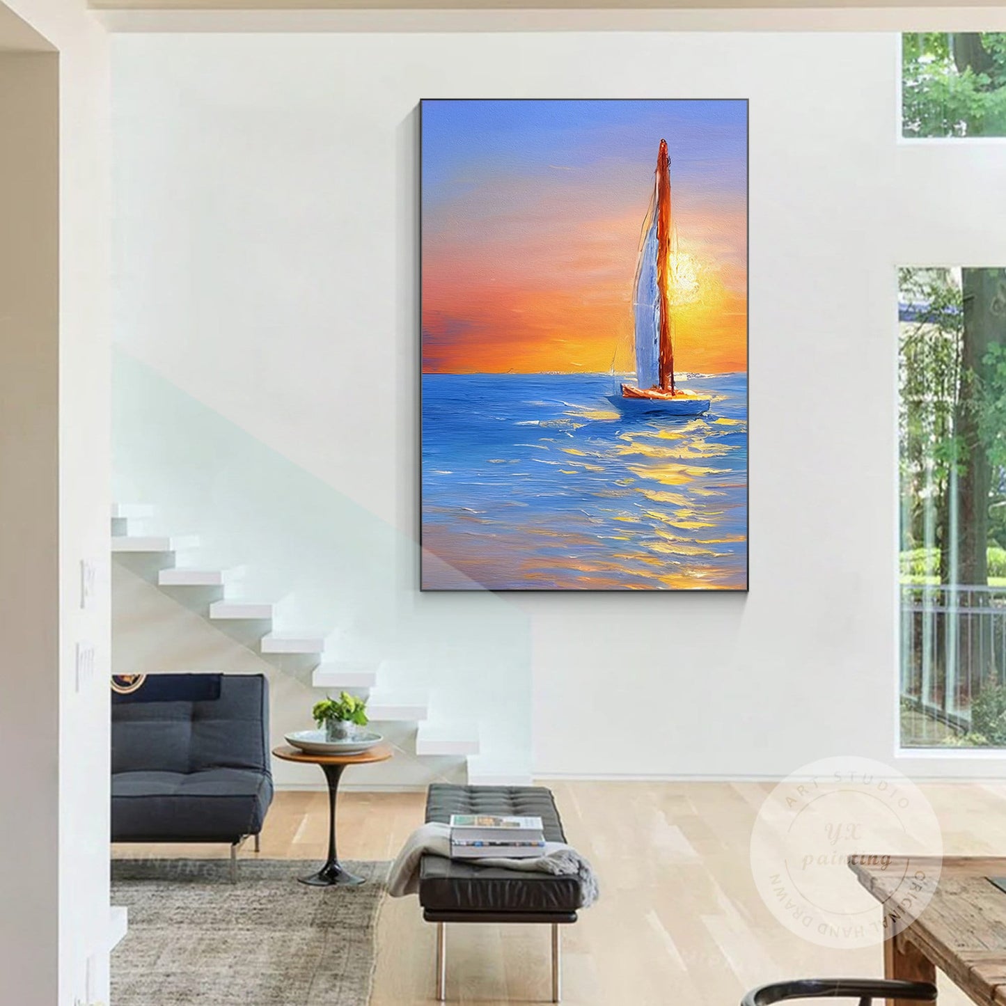 Gold Blue Sailboat Original Painting on Canvas, Seascape Painting, Vertical Extr #4