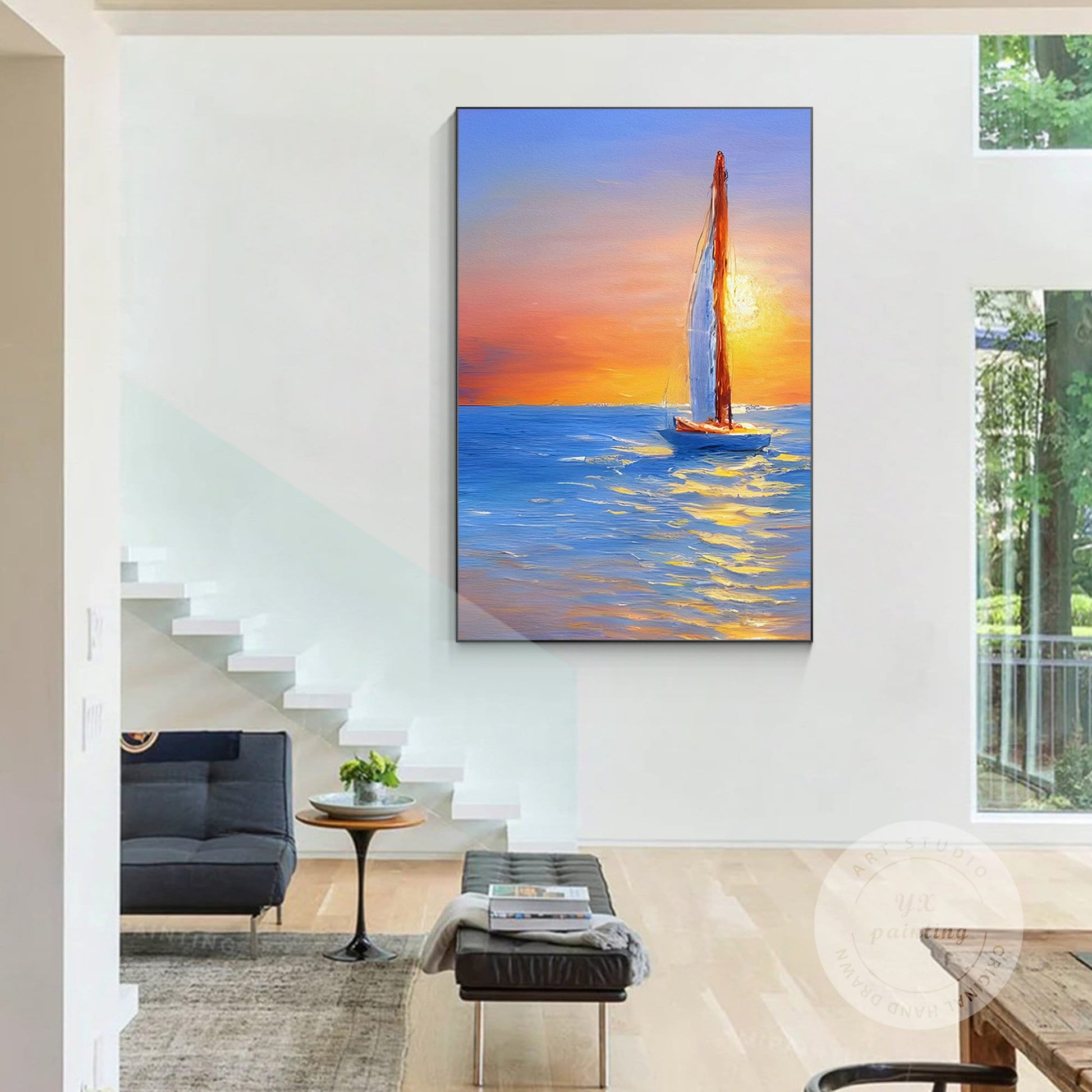 Gold Blue Sailboat Original Painting on Canvas, Seascape Painting, Vertical Extr #4