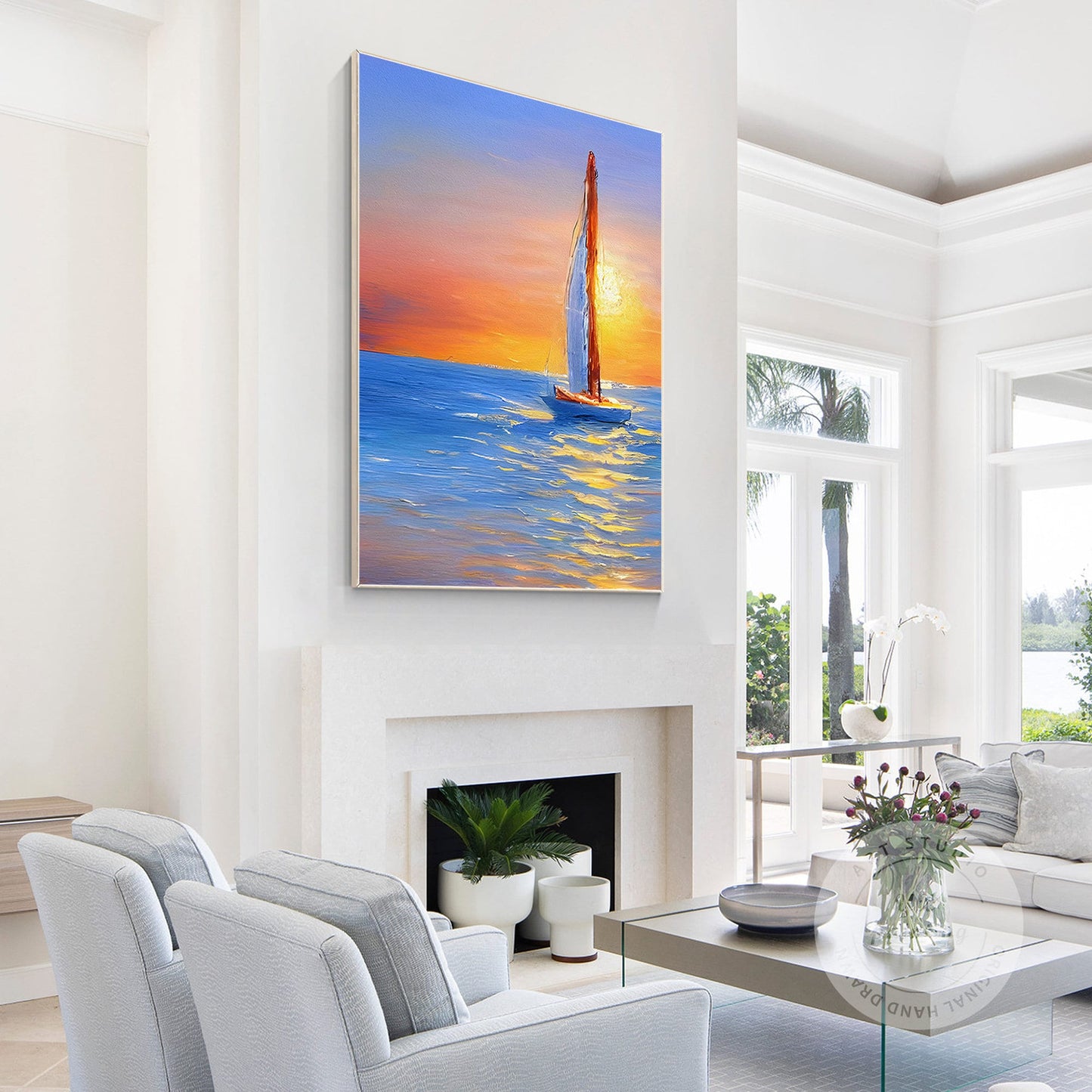 Gold Blue Sailboat Original Painting on Canvas, Seascape Painting, Vertical Extr #5