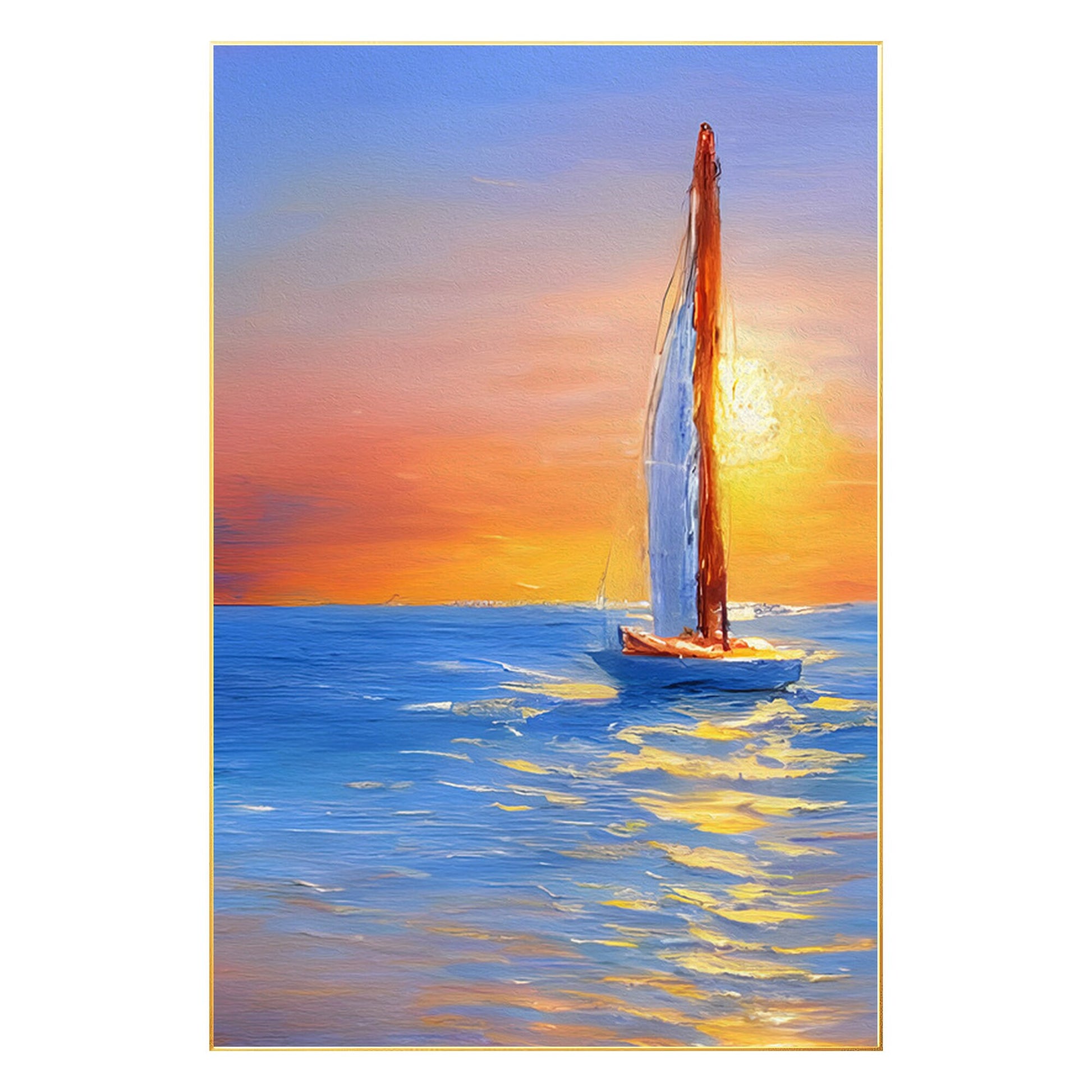 Gold Blue Sailboat Original Painting on Canvas, Seascape Painting, Vertical Extr #7