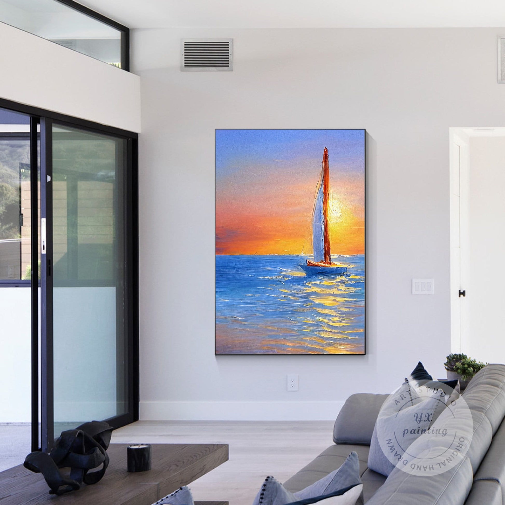 Gold Blue Sailboat Original Painting on Canvas, Seascape Painting, Vertical Extr #1
