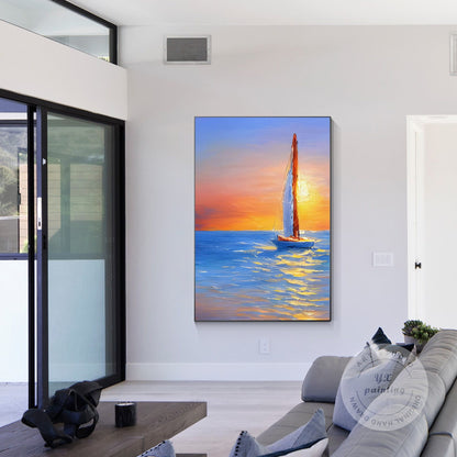 Gold Blue Sailboat Original Painting on Canvas, Seascape Painting, Vertical Extr #1