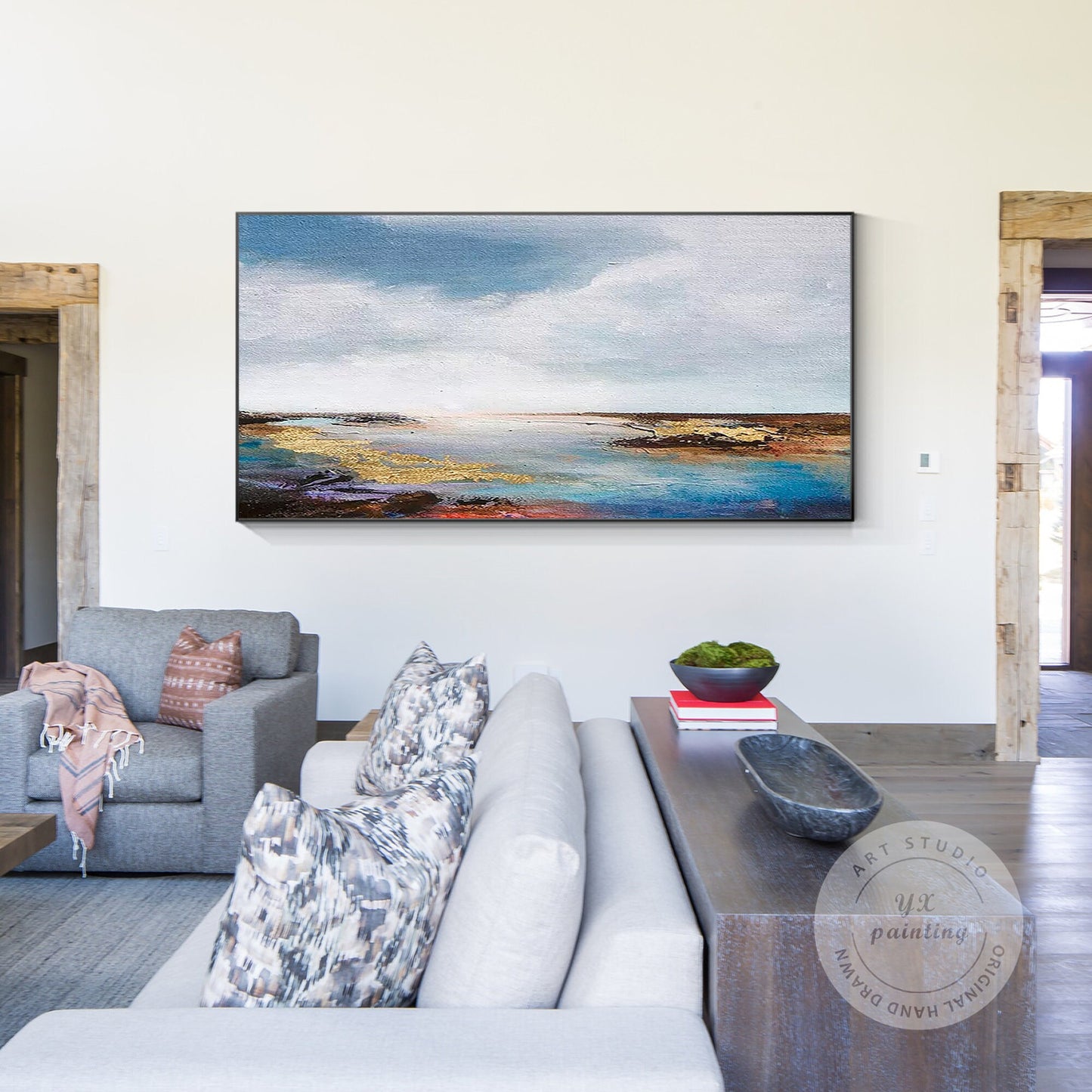 Gold Blue Seascape Painting: Abstract Coastal Wall Art #3