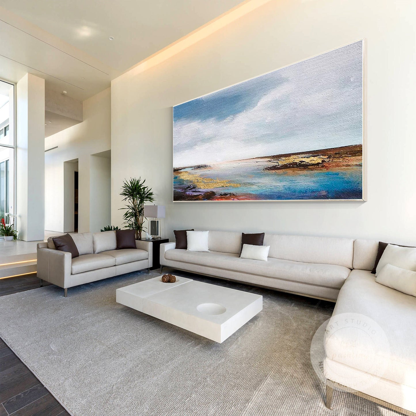 Gold Blue Seascape Painting: Abstract Coastal Wall Art #4