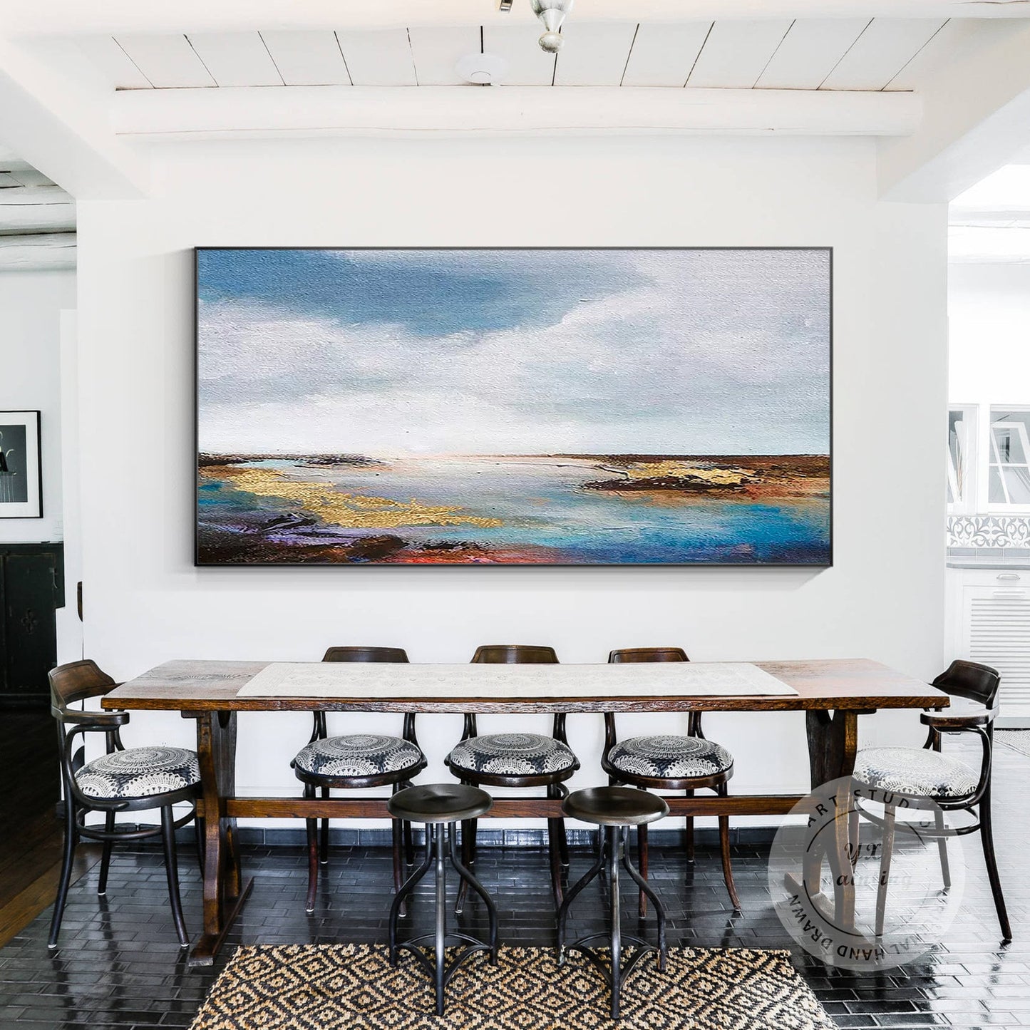 Gold Blue Seascape Painting: Abstract Coastal Wall Art #5