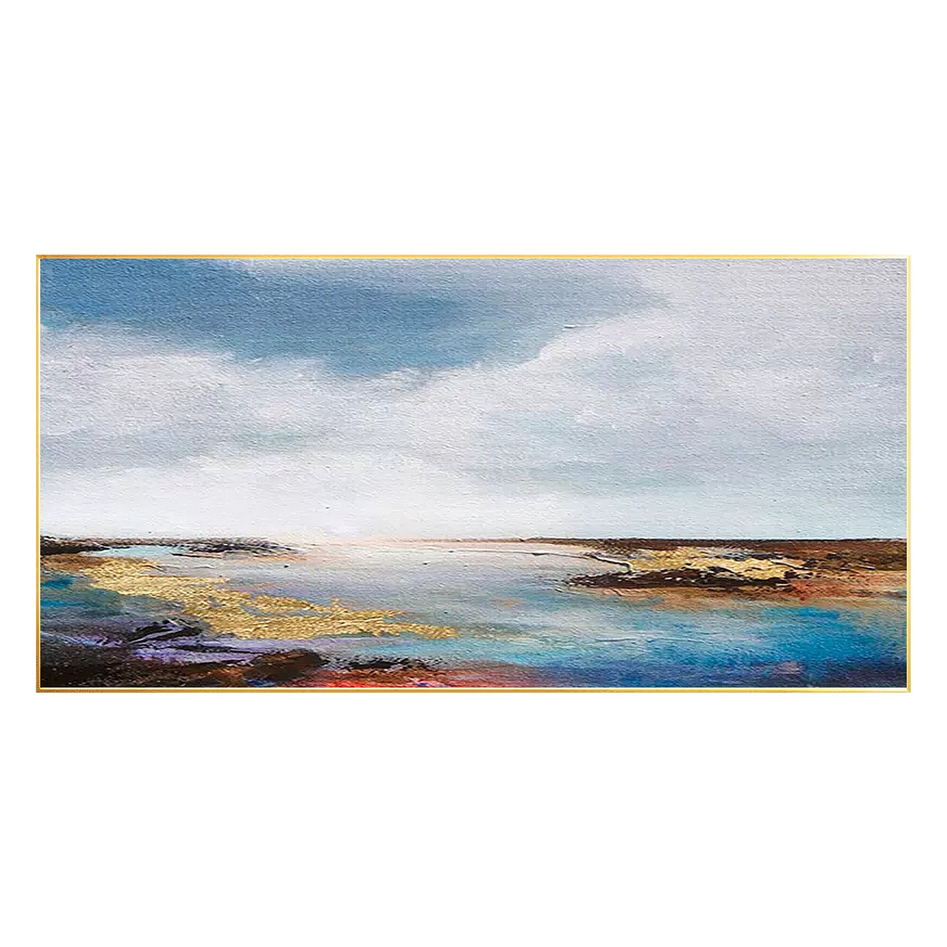 Gold Blue Seascape Painting: Abstract Coastal Wall Art #7