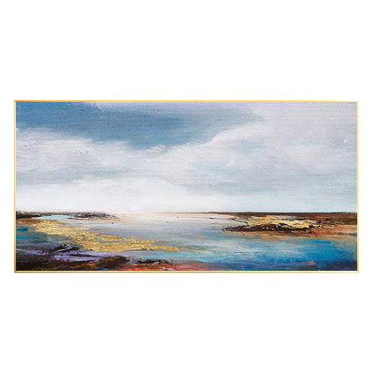 Gold Blue Seascape Painting: Abstract Coastal Wall Art #7