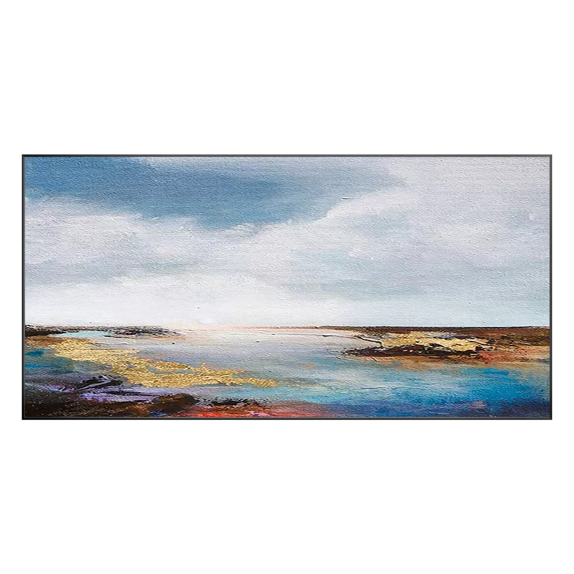 Gold Blue Seascape Painting: Abstract Coastal Wall Art #9