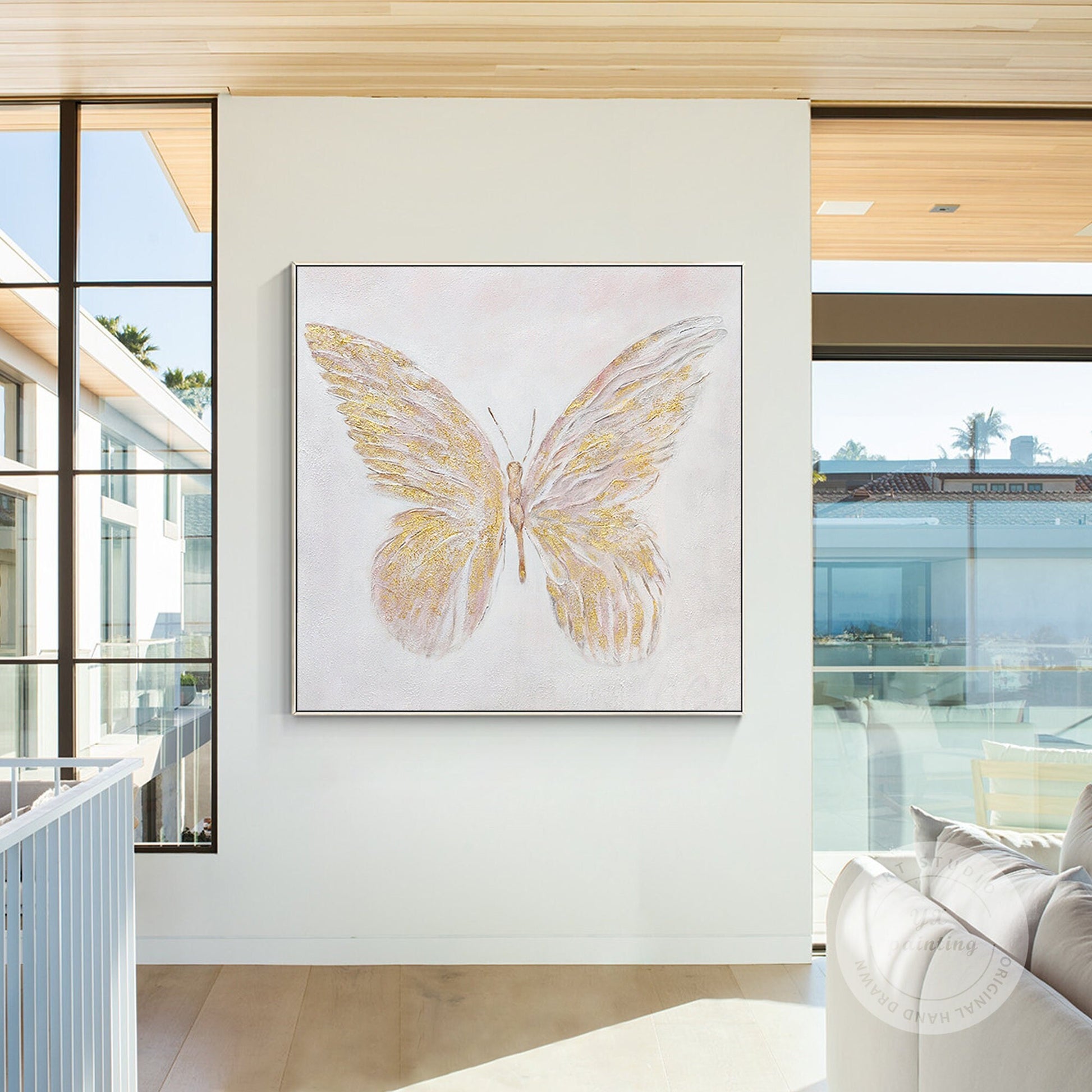 Gold Butterfly Textured Abstract Painting: Modern Square Canvas Art #2