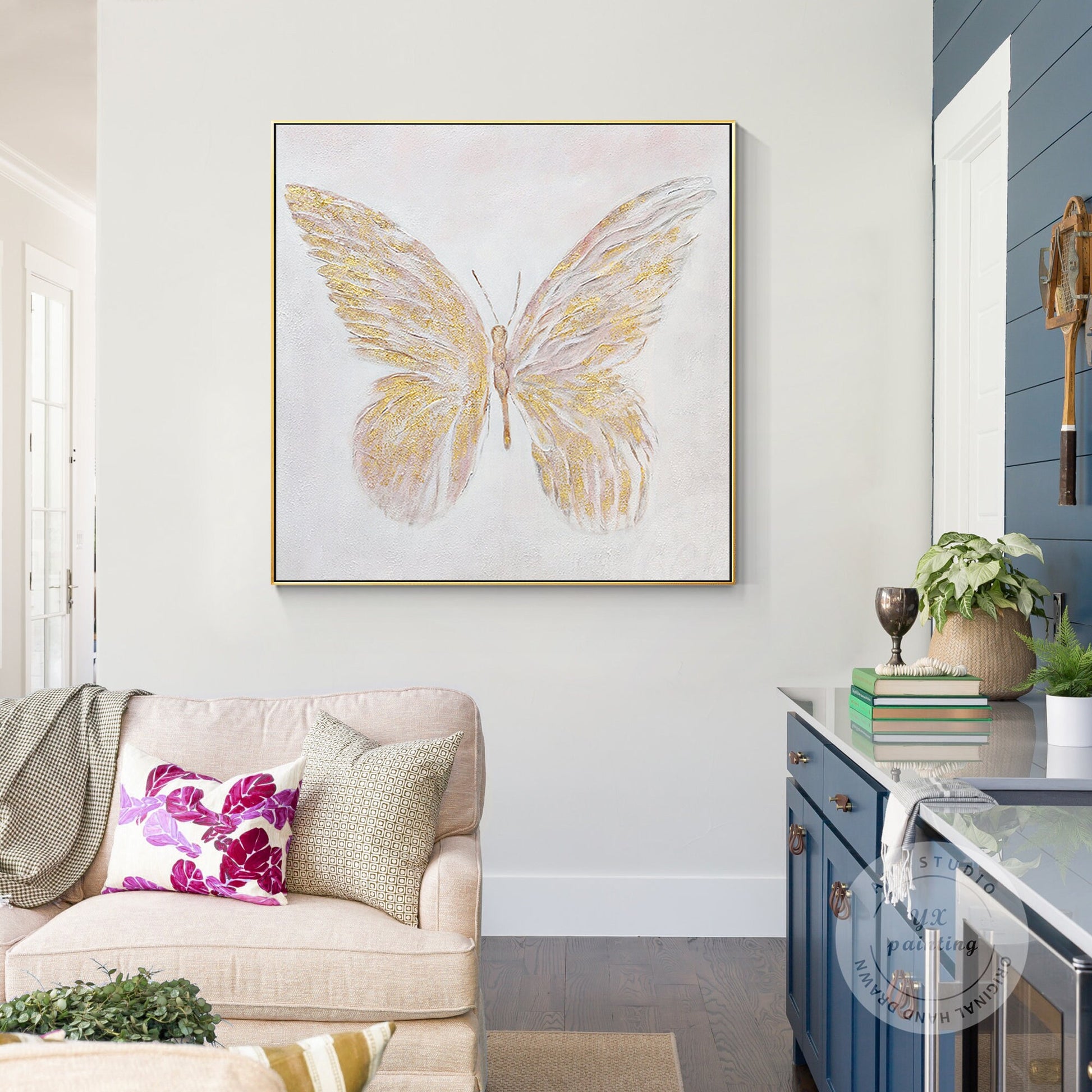 Gold Butterfly Textured Abstract Painting: Modern Square Canvas Art #5