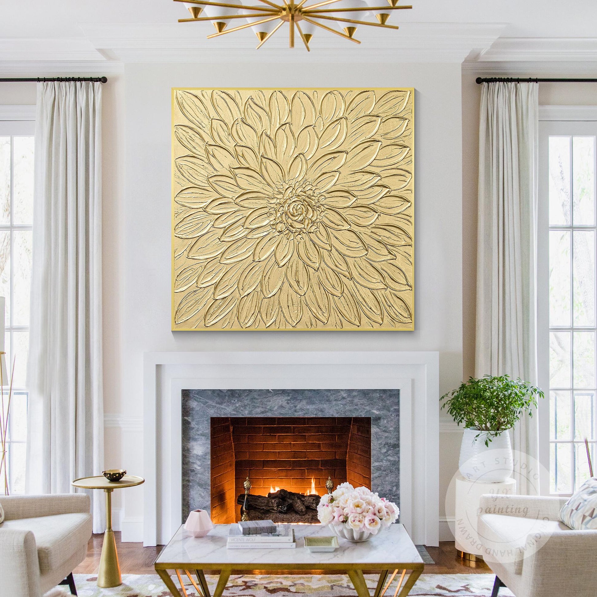 Gold Flower Textured Art: Abstract Painting on Canvas, Framed Wall Decor #2
