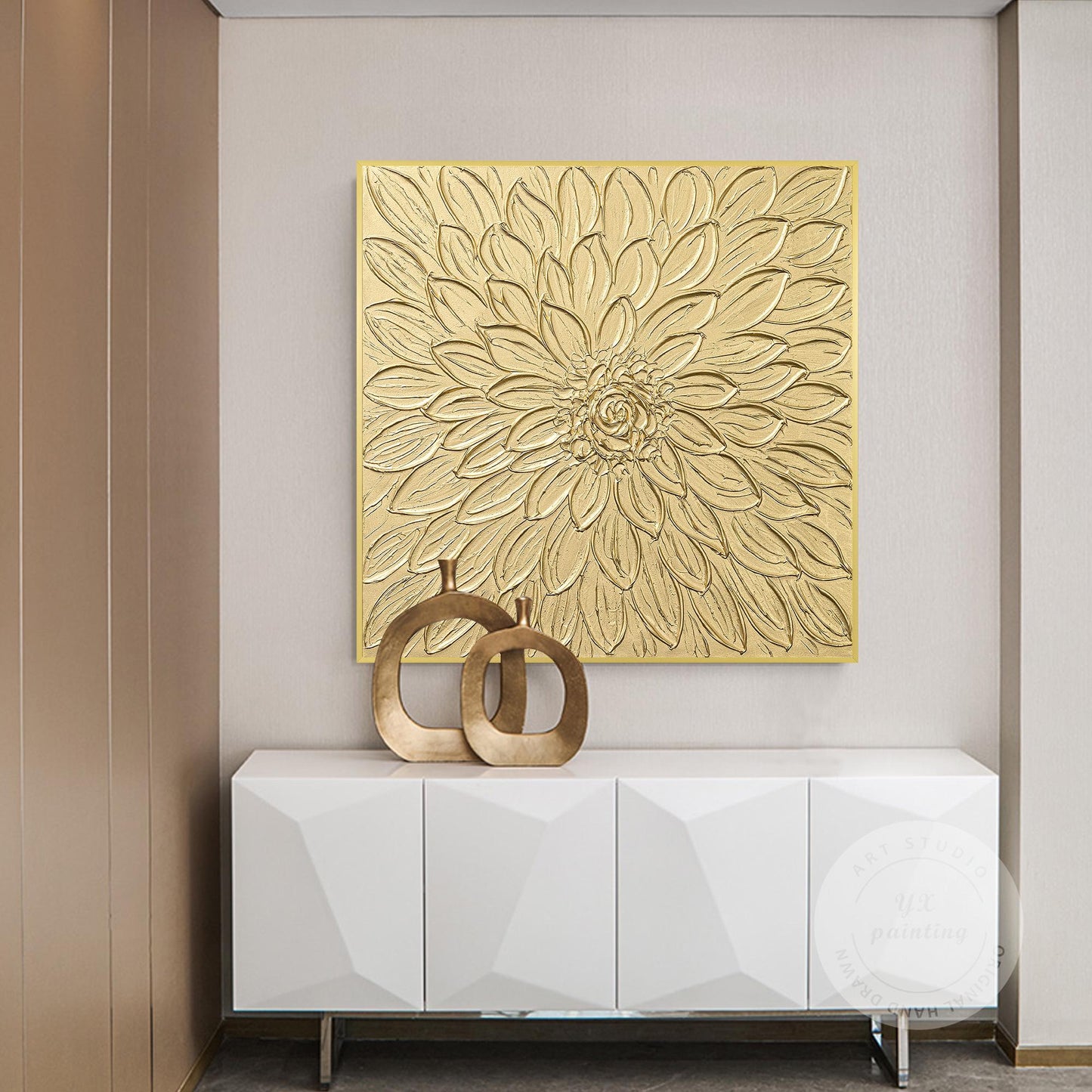 Gold Flower Textured Art: Abstract Painting on Canvas, Framed Wall Decor #3