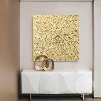 Gold Flower Textured Art: Abstract Painting on Canvas, Framed Wall Decor #3