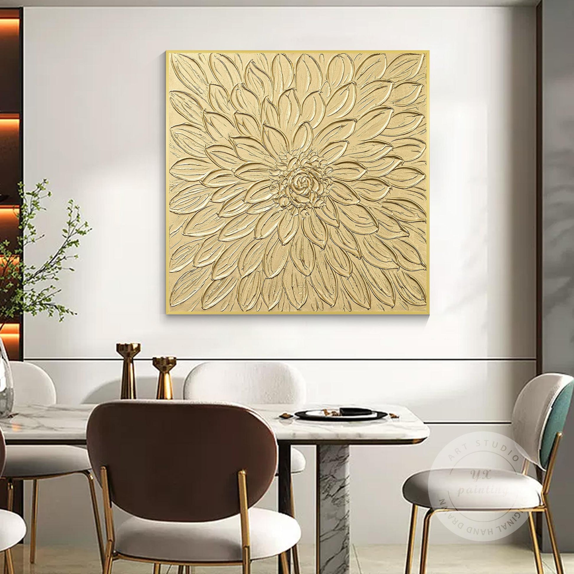 Gold Flower Textured Art: Abstract Painting on Canvas, Framed Wall Decor #4