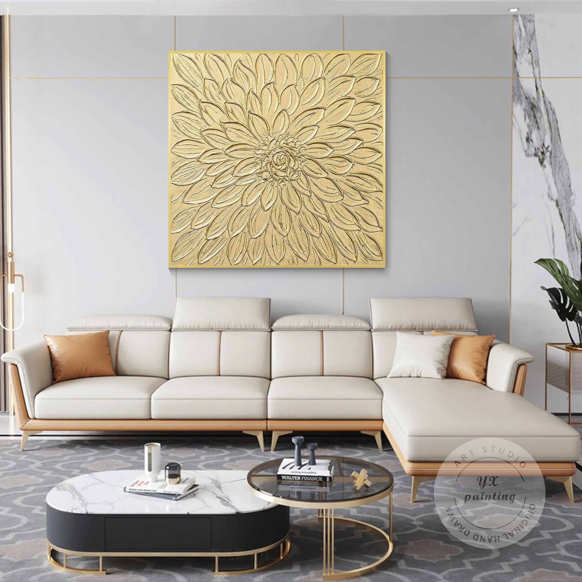 Gold Flower Textured Art: Abstract Painting on Canvas, Framed Wall Decor #5