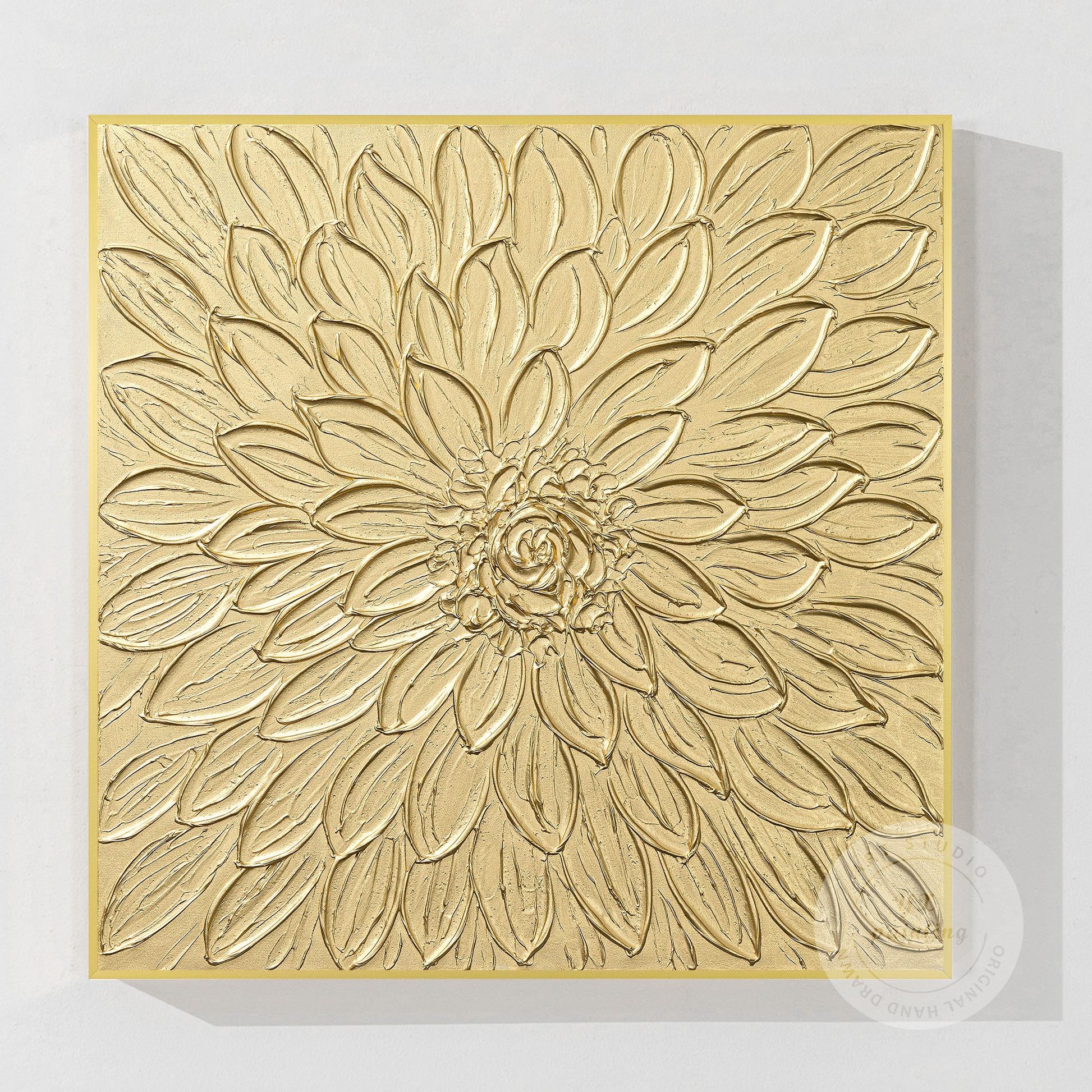 Gold Flower Textured Art: Abstract Painting on Canvas, Framed Wall Decor #10
