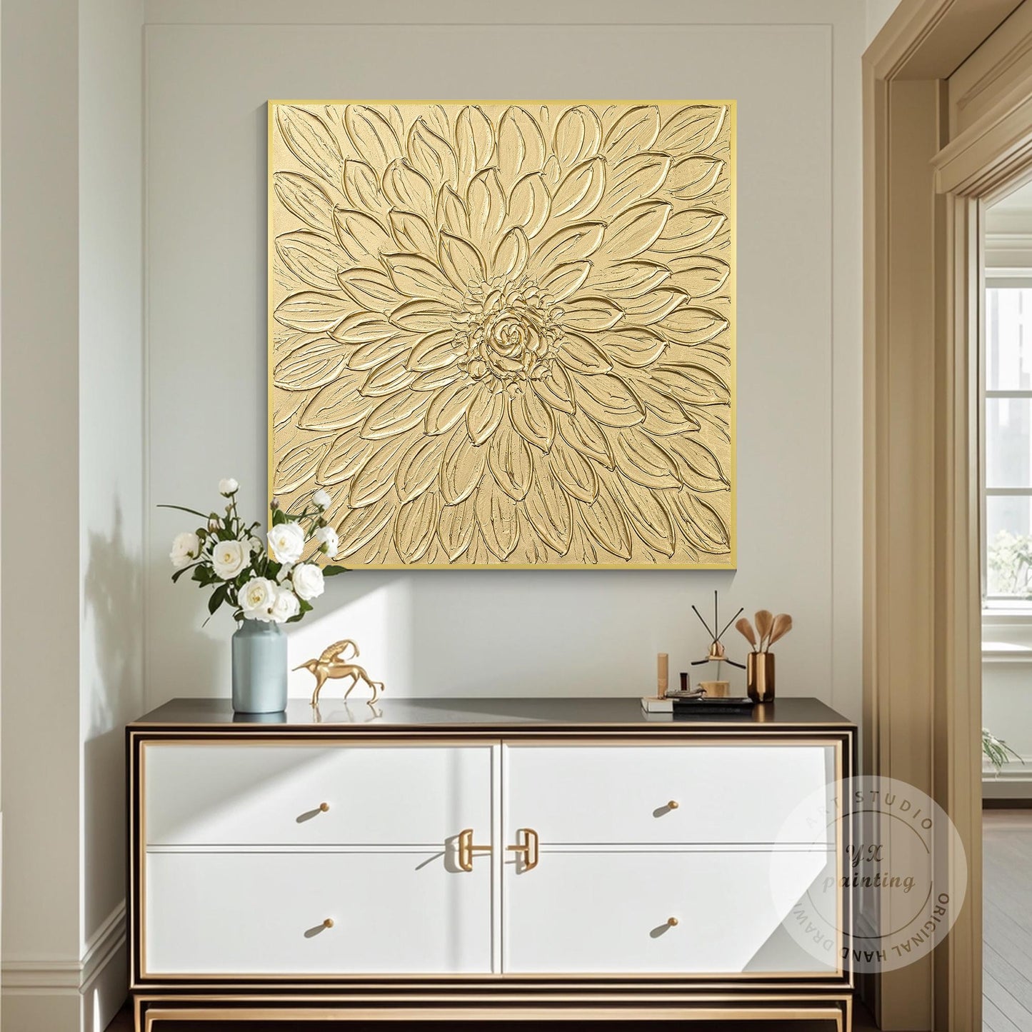 Gold Flower Textured Art: Abstract Painting on Canvas, Framed Wall Decor #1