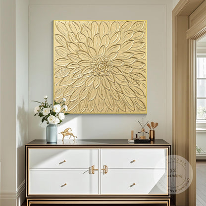 Gold Flower Textured Art: Abstract Painting on Canvas, Framed Wall Decor #1
