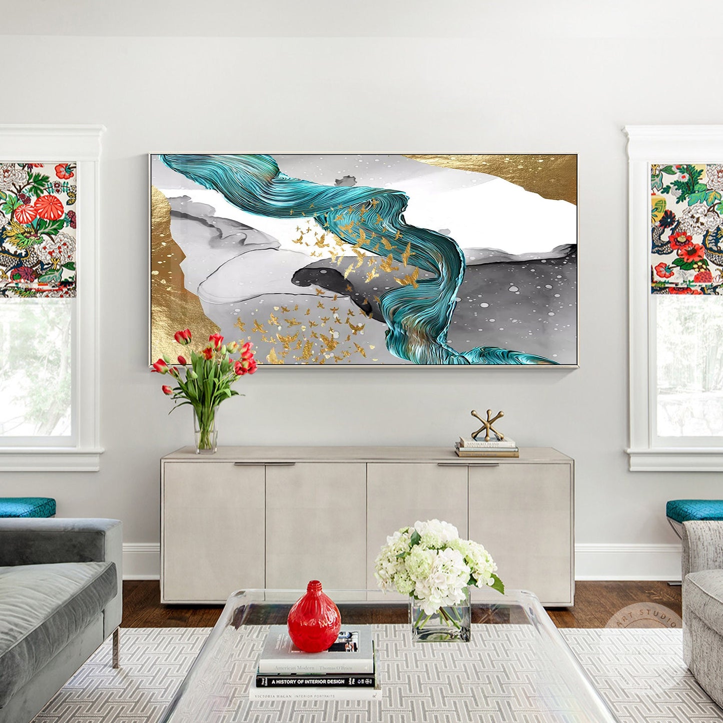 Gold Foil Birds Abstract Painting: Emerald Green Ribbon, Gray Textured Canvas #2