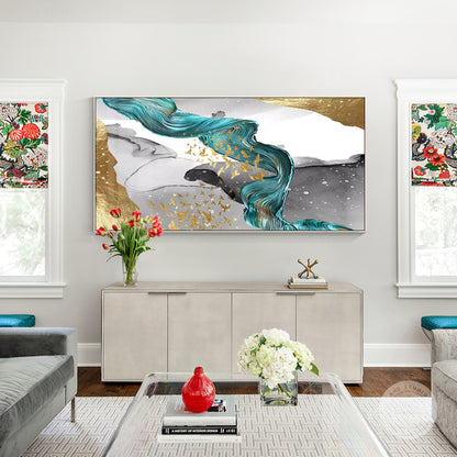 Gold Foil Birds Abstract Painting: Emerald Green Ribbon, Gray Textured Canvas #2