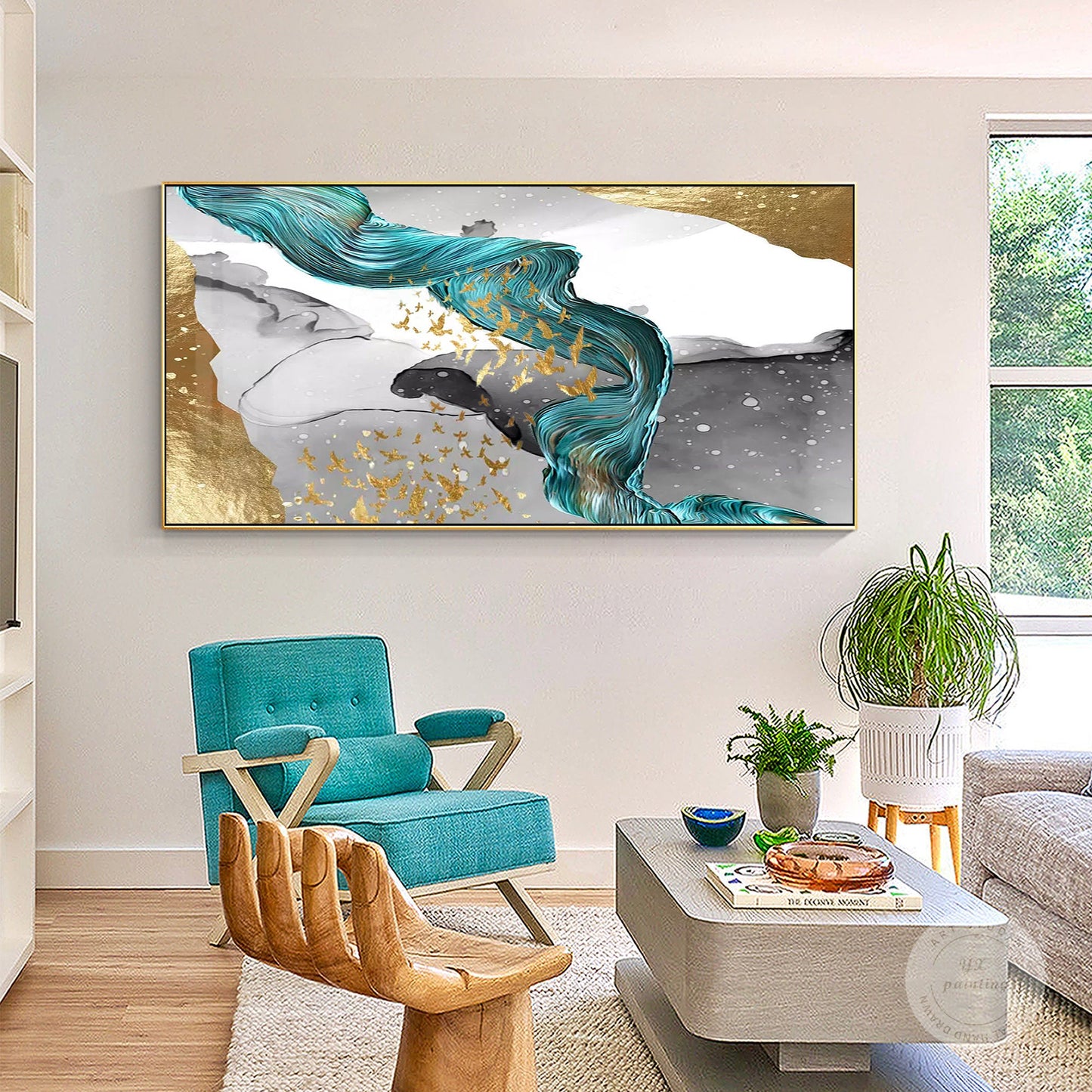 Gold Foil Birds Abstract Painting: Emerald Green Ribbon, Gray Textured Canvas #3