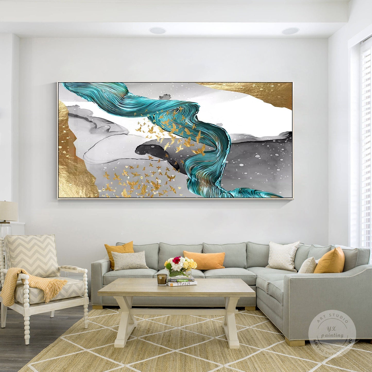 Gold Foil Birds Abstract Painting: Emerald Green Ribbon, Gray Textured Canvas #4