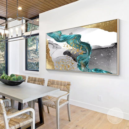 Gold Foil Birds Abstract Painting: Emerald Green Ribbon, Gray Textured Canvas #5