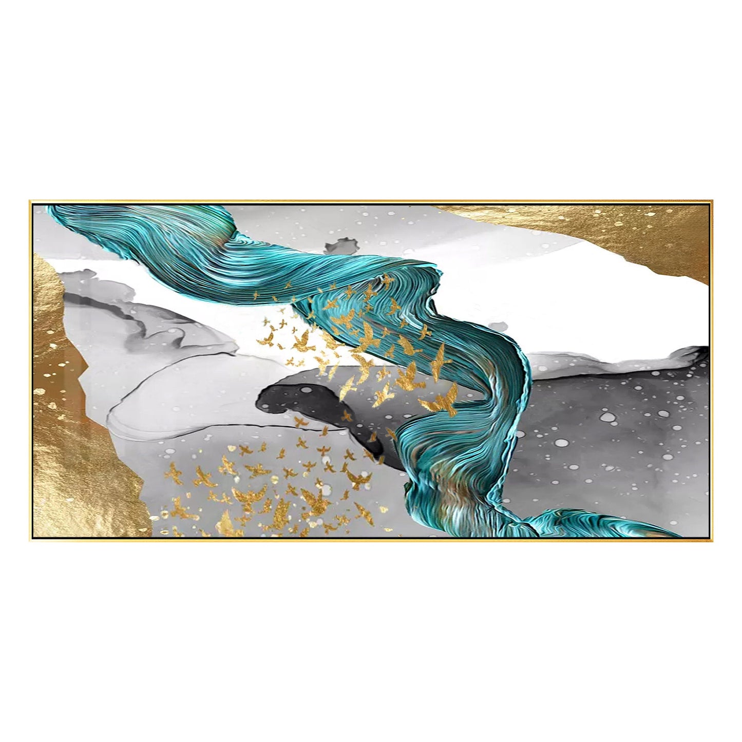 Gold Foil Birds Abstract Painting: Emerald Green Ribbon, Gray Textured Canvas #7