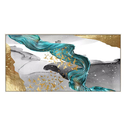 Gold Foil Birds Abstract Painting: Emerald Green Ribbon, Gray Textured Canvas #8