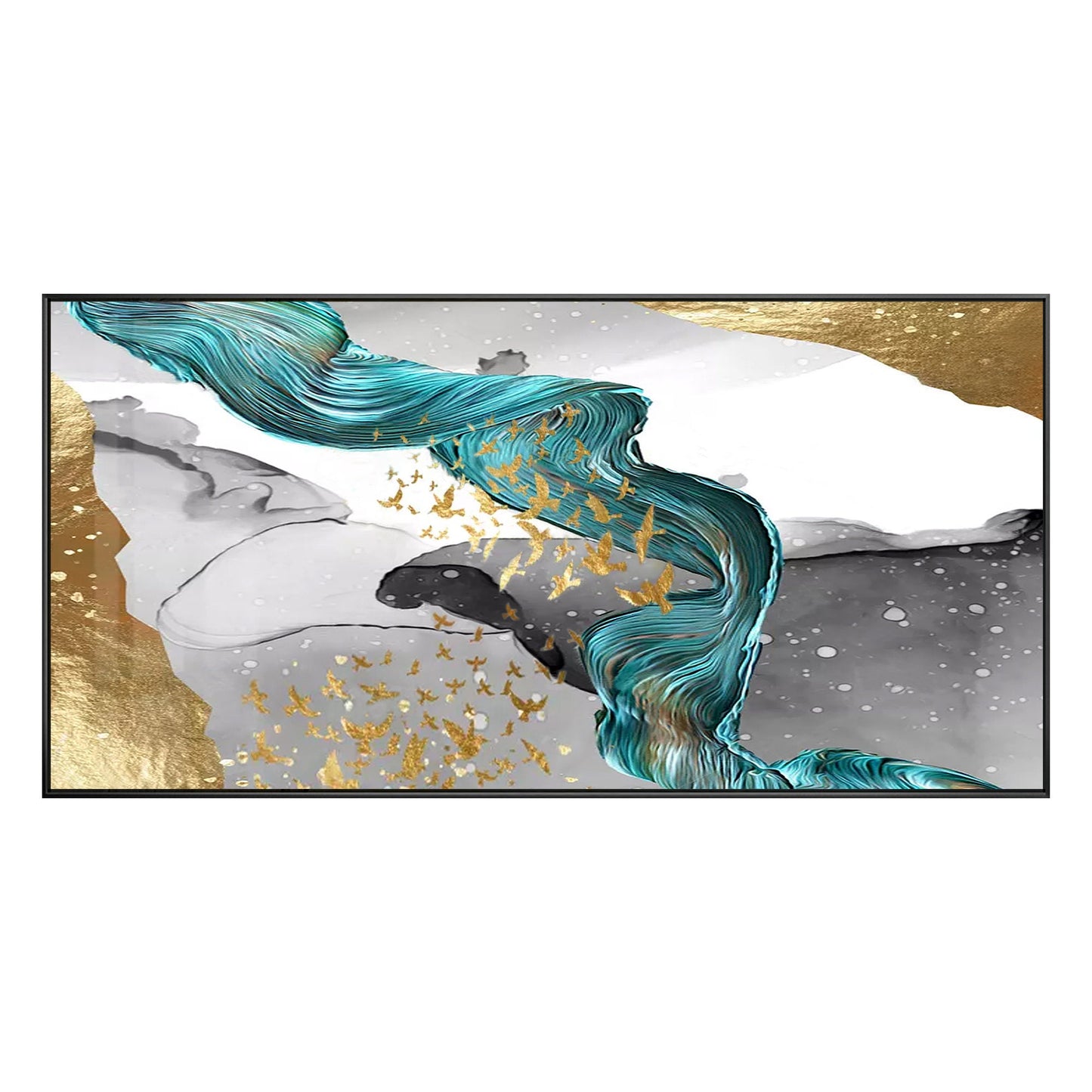 Gold Foil Birds Abstract Painting: Emerald Green Ribbon, Gray Textured Canvas #9