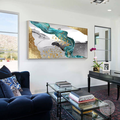 Gold Foil Birds Abstract Painting: Emerald Green Ribbon, Gray Textured Canvas #1