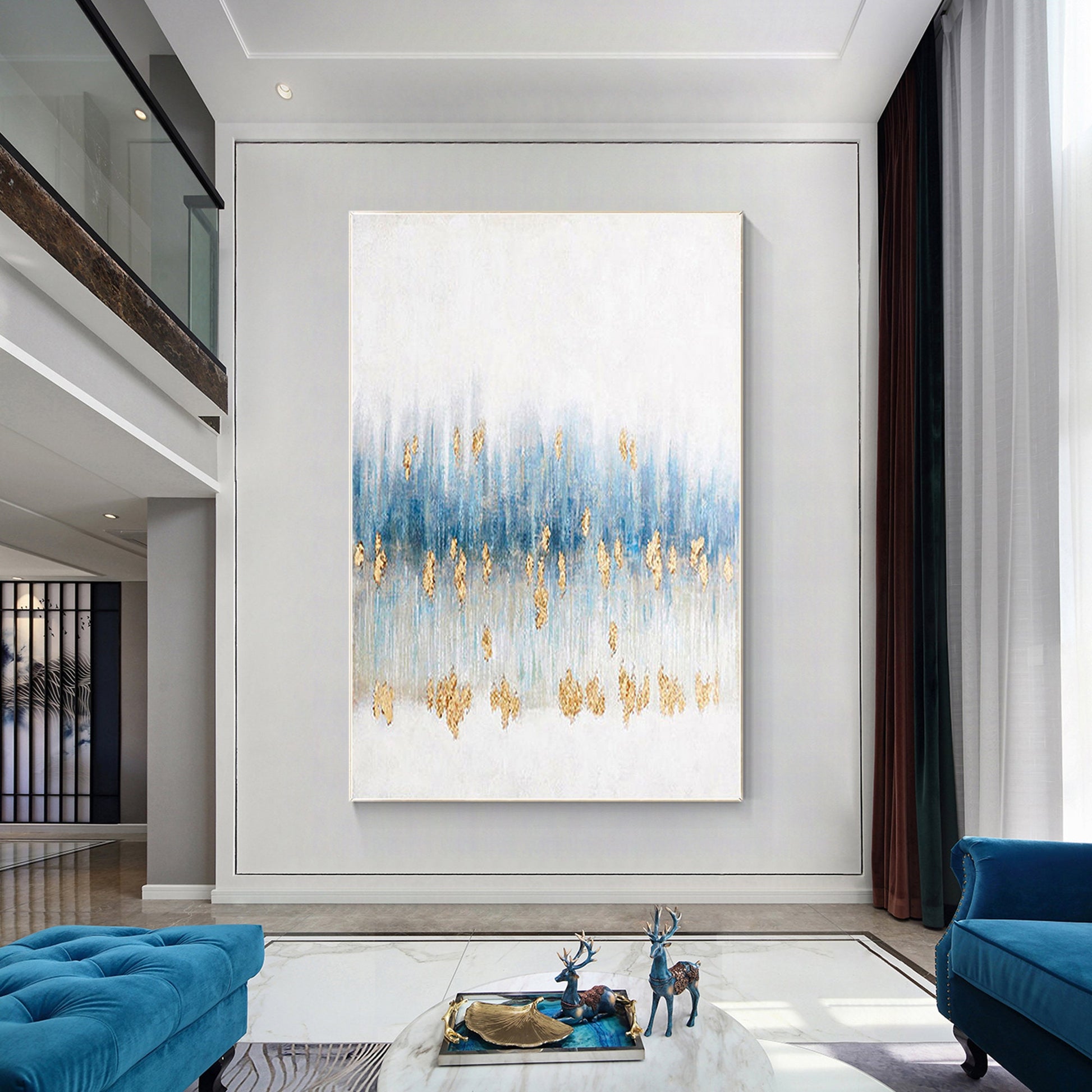 Gold Foil Blue Abstract Painting On Canvas, Extra Large Wall Art Living Room Dec #2
