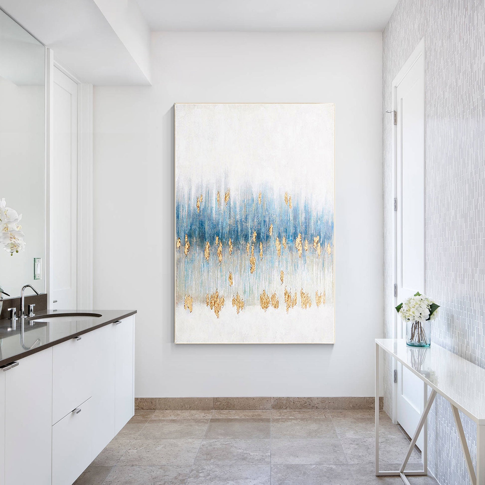 Gold Foil Blue Abstract Painting On Canvas, Extra Large Wall Art Living Room Dec #3