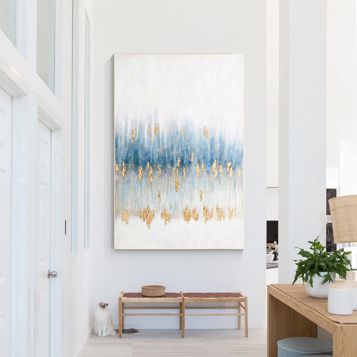 Gold Foil Blue Abstract Painting On Canvas, Extra Large Wall Art Living Room Dec #4