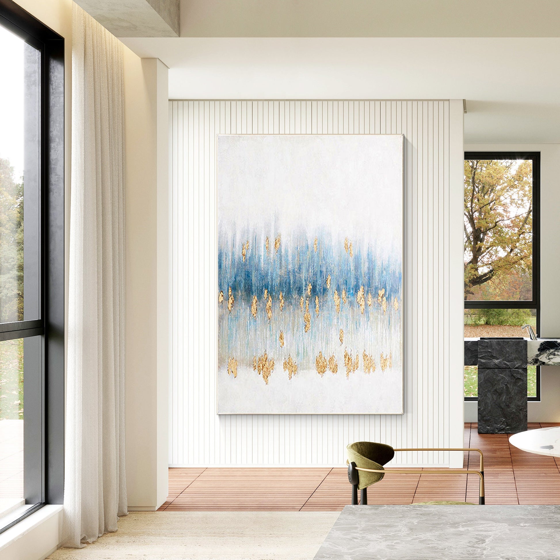 Gold Foil Blue Abstract Painting On Canvas, Extra Large Wall Art Living Room Dec #5