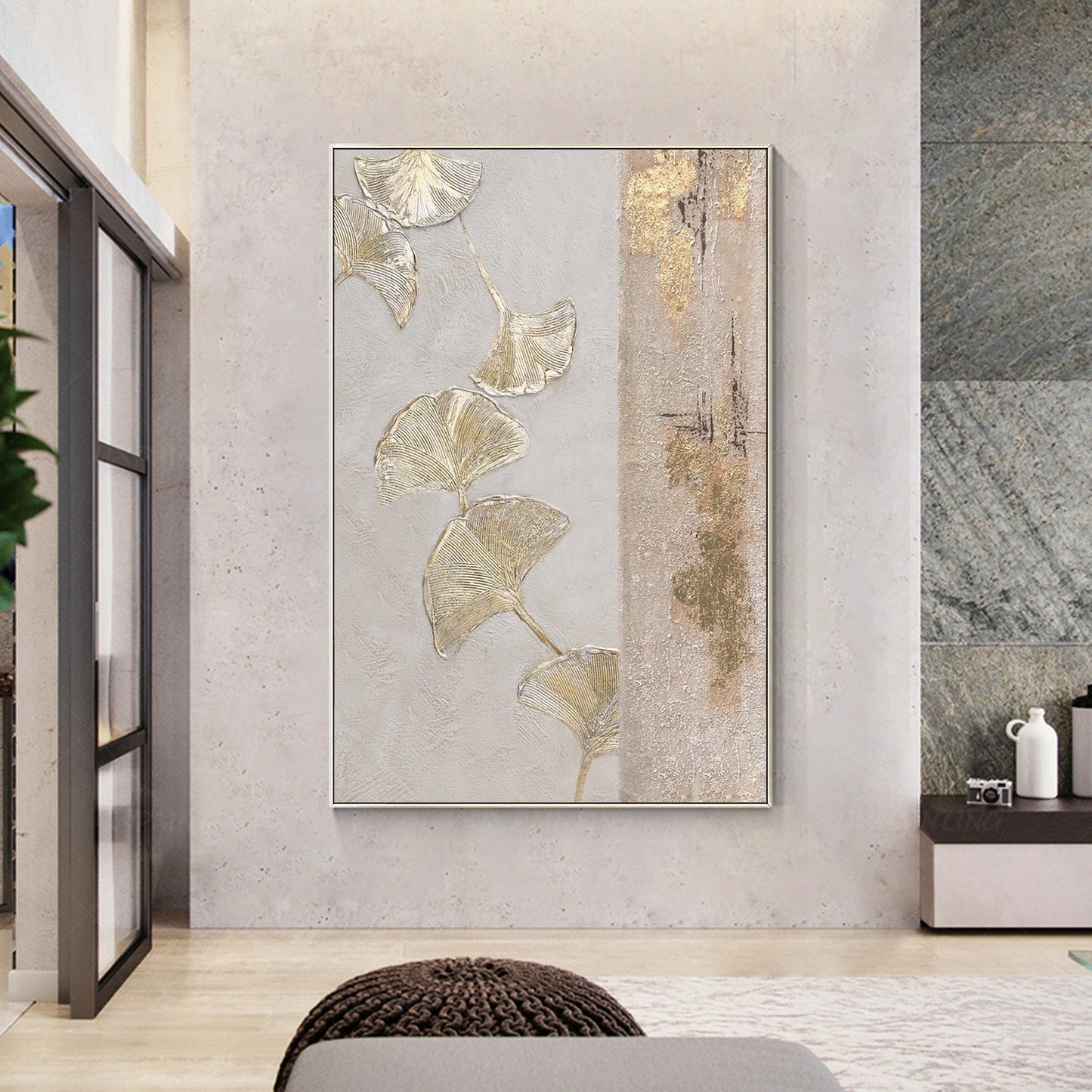 Gold Foil Ginkgo Leaf Painting: Abstract Textured Canvas Wall Art #2