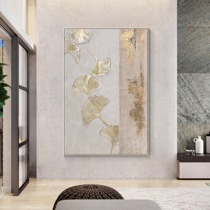 Gold Foil Ginkgo Leaf Painting: Abstract Textured Canvas Wall Art #2