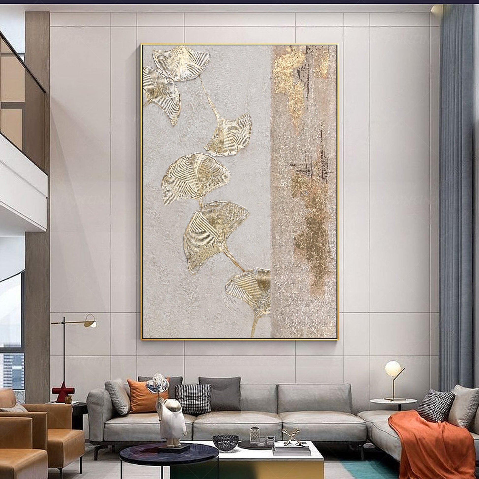Gold Foil Ginkgo Leaf Painting: Abstract Textured Canvas Wall Art #3