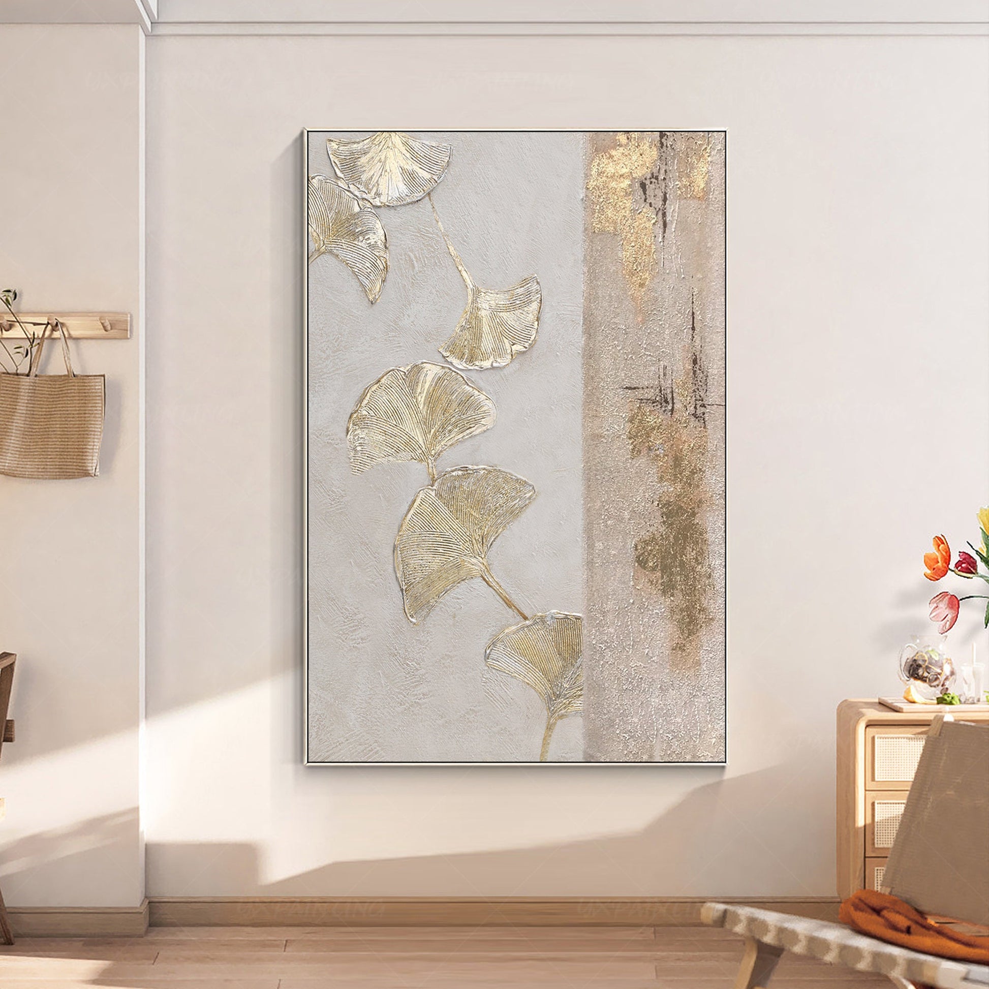 Gold Foil Ginkgo Leaf Painting: Abstract Textured Canvas Wall Art #4