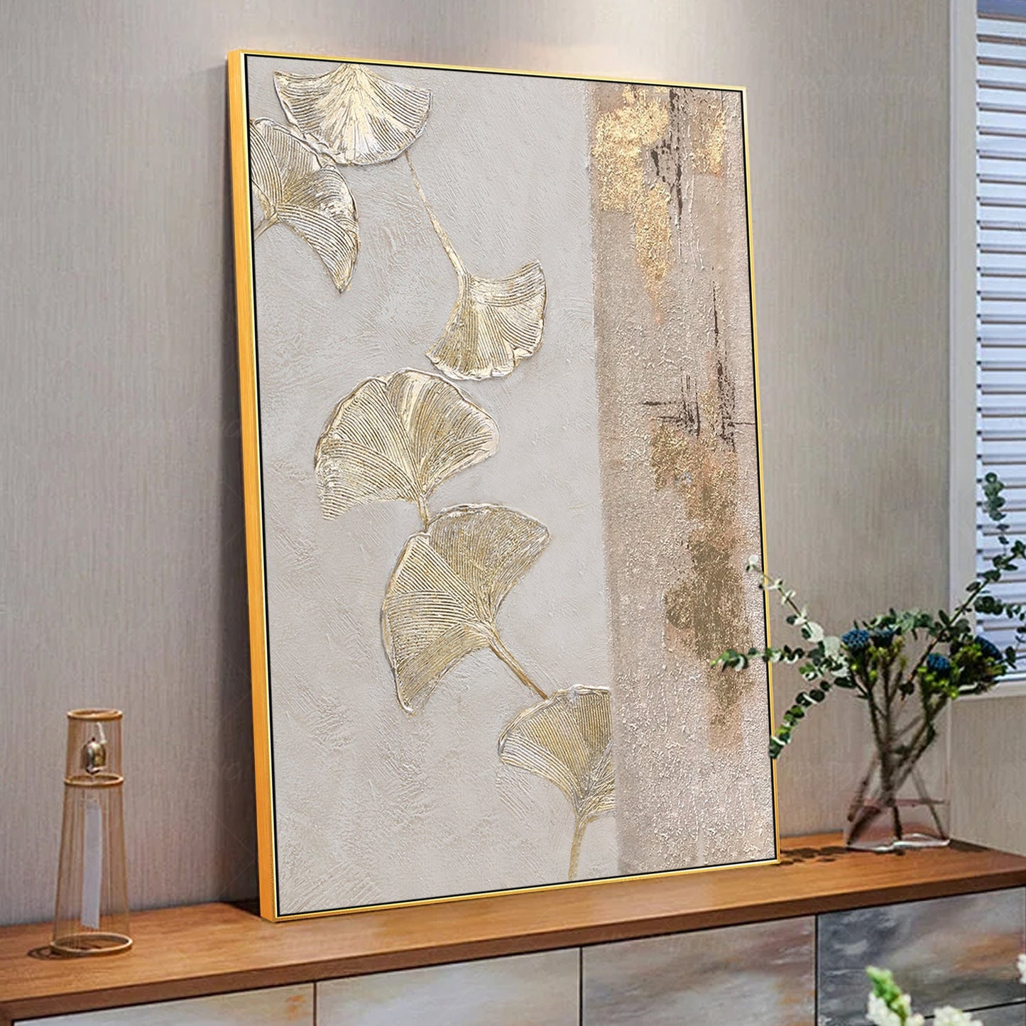Gold Foil Ginkgo Leaf Painting: Abstract Textured Canvas Wall Art #5