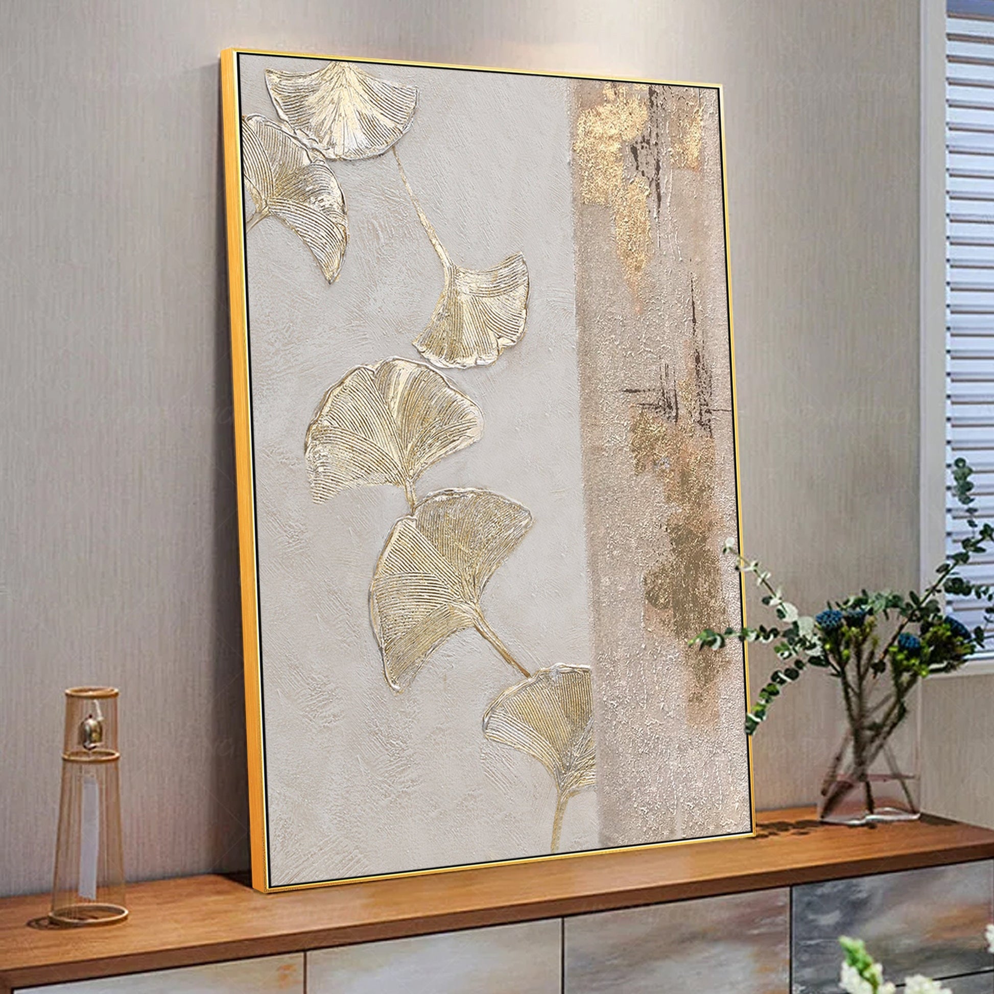 Gold Foil Ginkgo Leaf Painting: Abstract Textured Canvas Wall Art #5