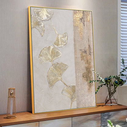 Gold Foil Ginkgo Leaf Painting: Abstract Textured Canvas Wall Art #5